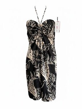 Strapless Black & Cream Tropical Print Dress